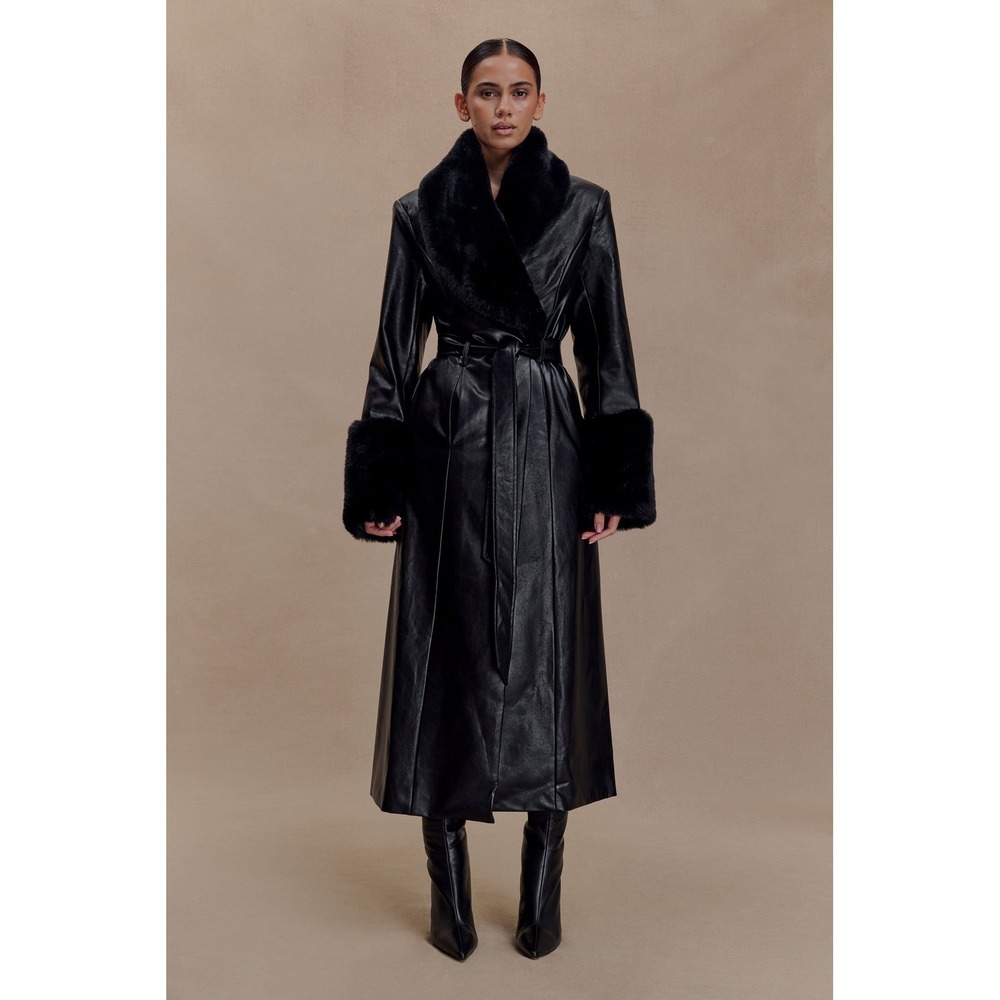 MESHKI Bec Black Faux Leather Maxi Trench Coat Faux Fur Trim Size M